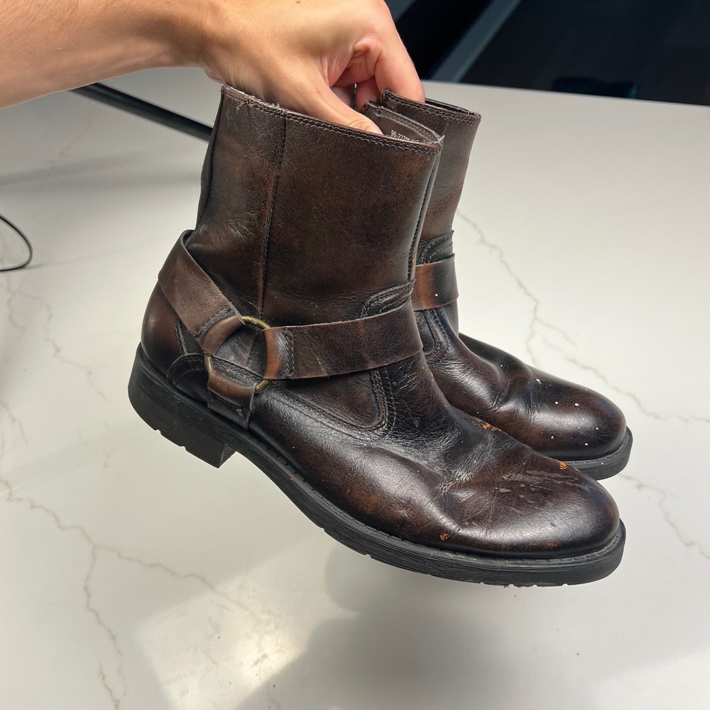 Chaps Harness Boots Mens Brown Distressed Leather Biker Zip 9.5M 96-227709